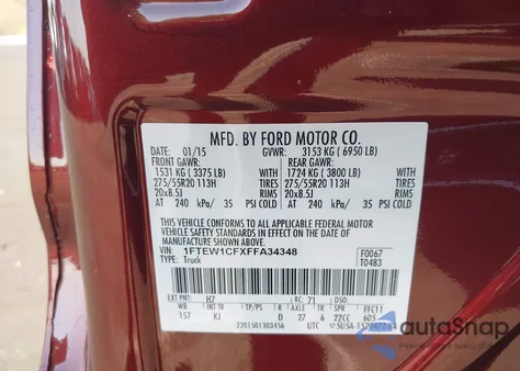 2015 Ford F-150 King Ranch из США, поврежденный, VIN 1FTEW1CFXFFA34348